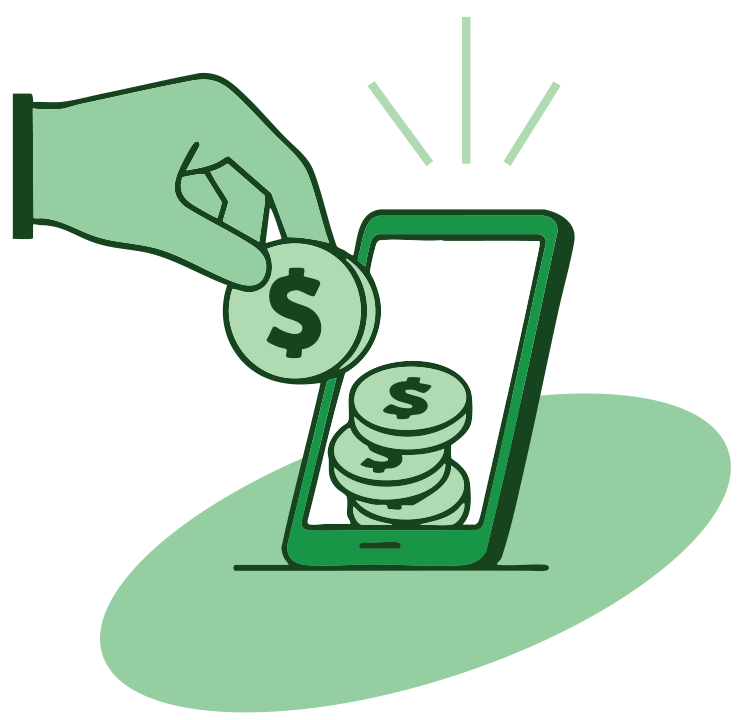 Illustration of coins being added to an account on a phone.