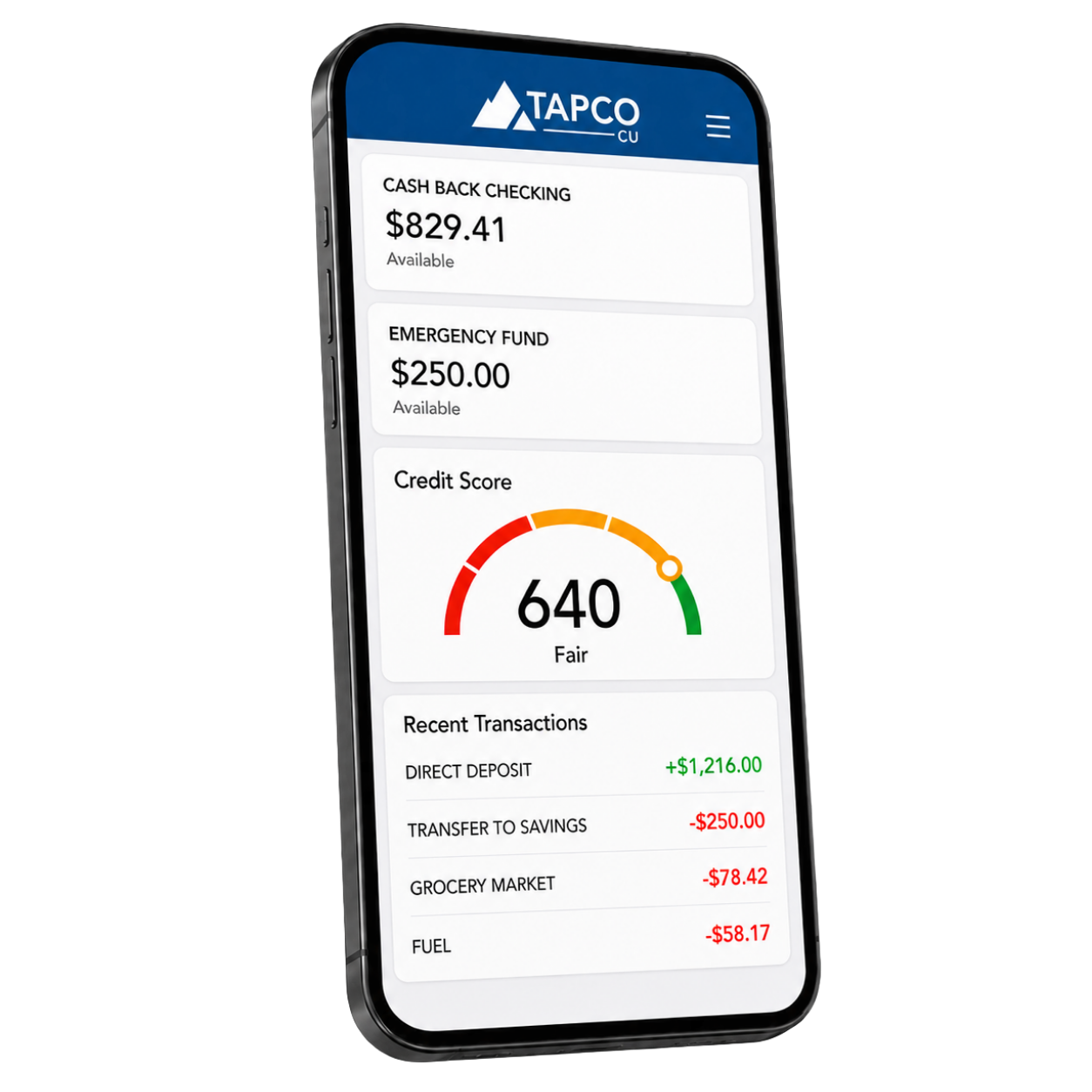 TAPCO Digital Banking showing Cash Back Checking, an Emergency Fund, a credit score, and recent transactions