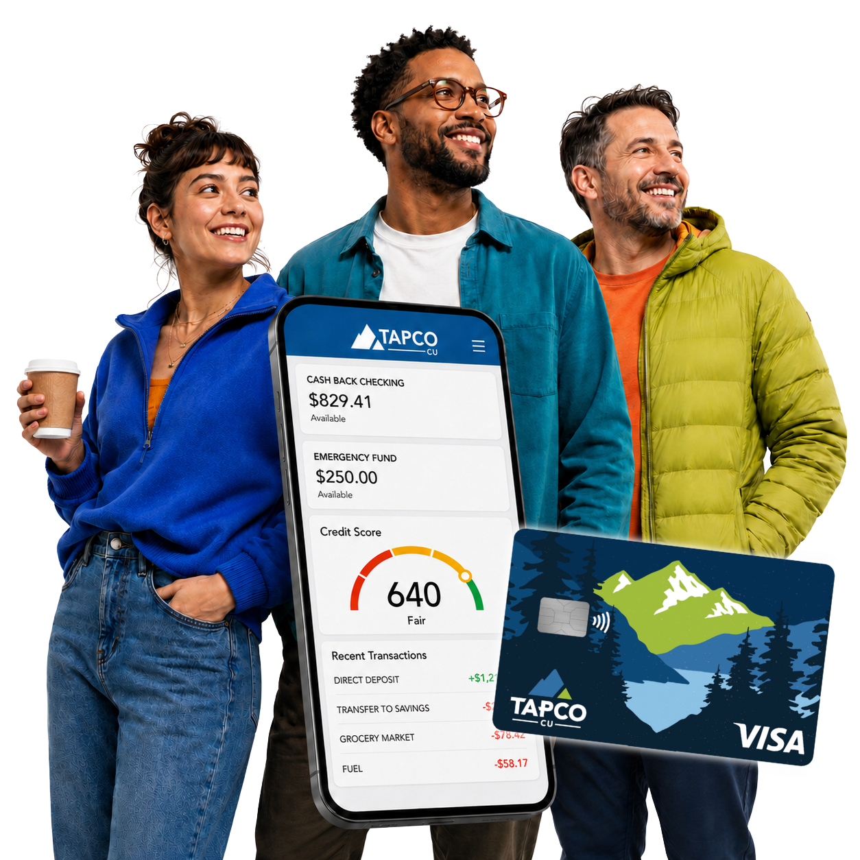 Three adults behind a phone displaying TAPCO Digital Banking and a TAPCO debit card.