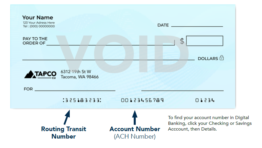Sample check showing where to find the routing transit number and account number